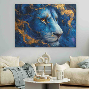 a painting of a blue lion in a living room