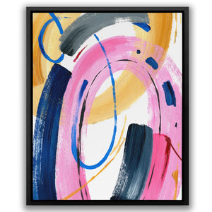 an abstract painting with blue, pink, and yellow colors