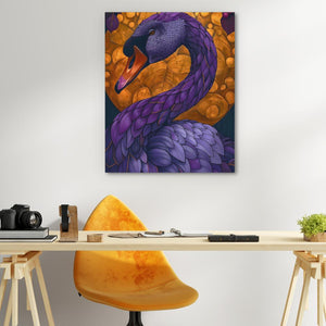 a painting of a purple swan on a white wall