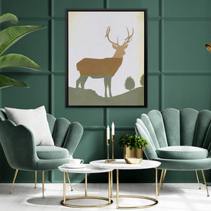 a living room with green walls and a deer painting on the wall