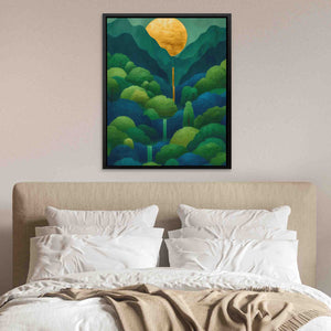 a bed with a white comforter and a painting on the wall above it