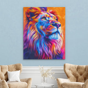 a living room with two chairs and a painting of a lion