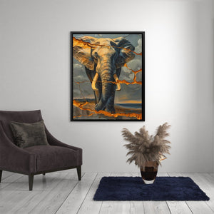 a painting of an elephant in a living room