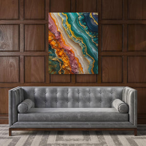 a living room with a couch and a painting on the wall