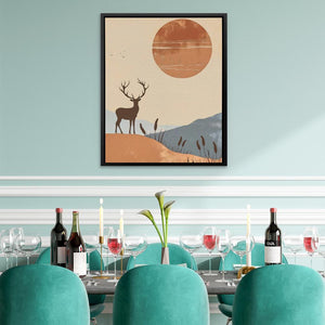 a painting of a deer on a wall above a dining room table