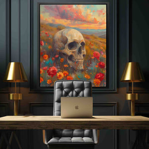 a painting of a skull in a field of flowers