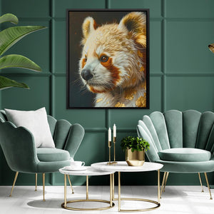 a living room with a painting of a dog on the wall