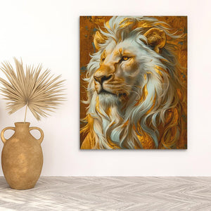 a painting of a lion on a wall next to a vase