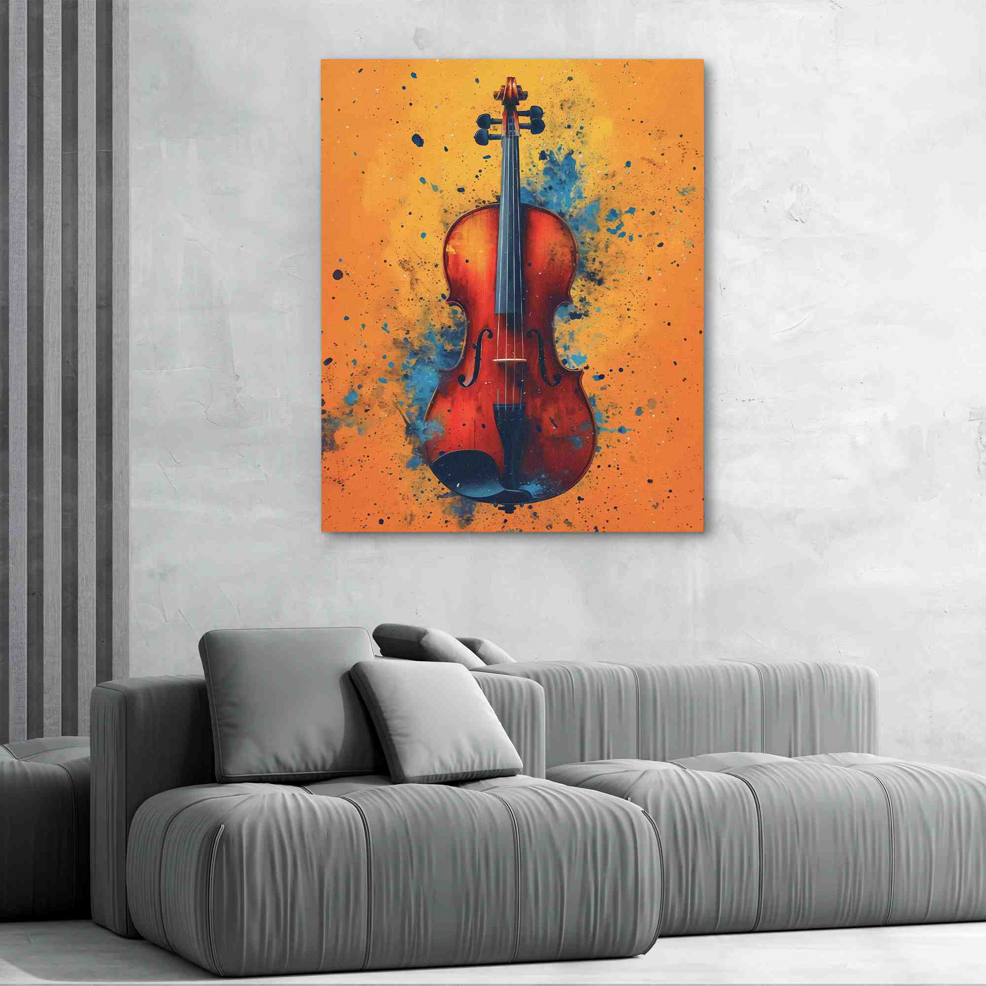 a painting of a violin on an orange background