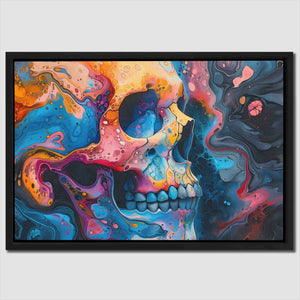 a painting of a skull with a colorful background