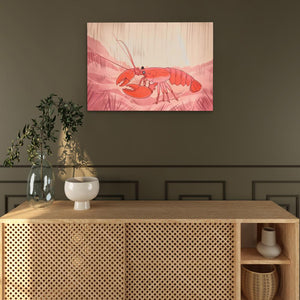 a painting of a lobster on a wall above a wooden cabinet