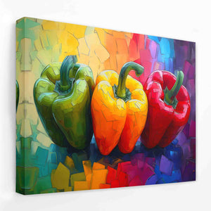 a painting of three peppers on a colorful background