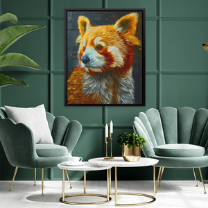 a living room with a painting of a dog on the wall