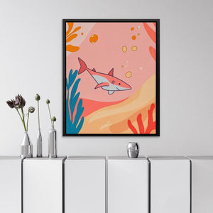 a picture of a shark on a wall above a cabinet