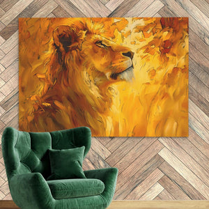 a painting of a lion on a wall next to a green chair