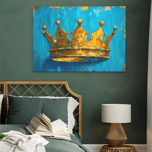 a painting of a crown on a wall above a bed