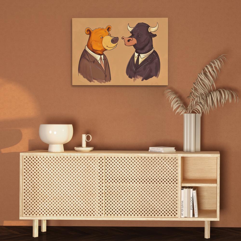 a painting of a bull and a bear wearing suits