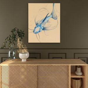 a painting of a fish on a wall above a cabinet