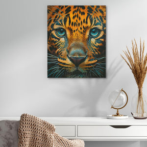 a painting of a tiger's face with blue eyes