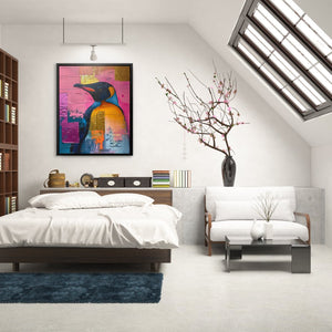 a bedroom with a bed and a painting on the wall