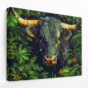 a painting of a bull in the jungle