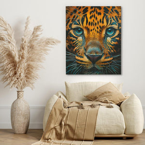 a painting of a tiger's face with blue eyes