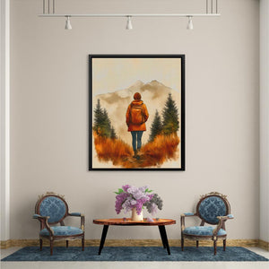 a painting of a person walking in the woods