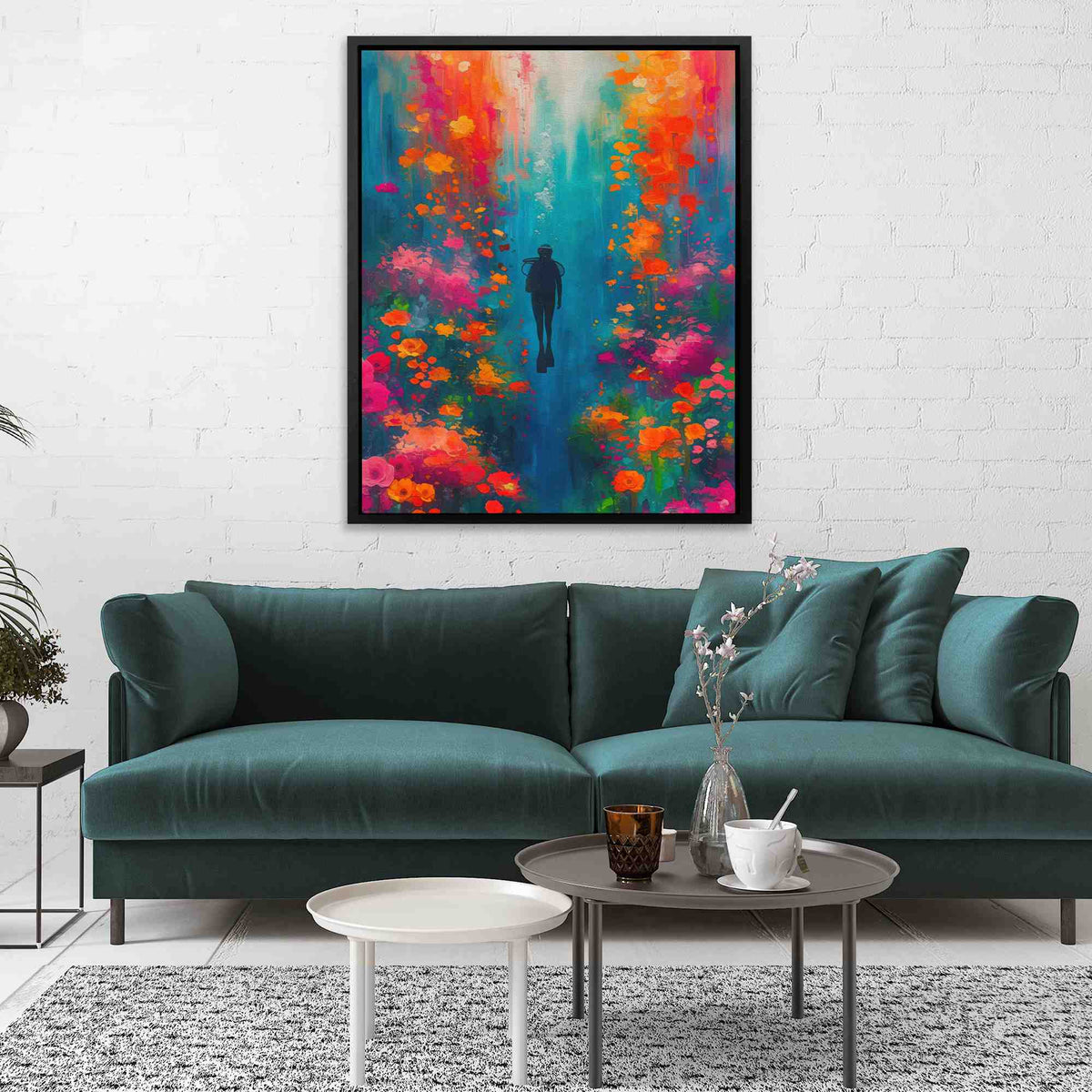 a living room with a blue couch and a painting on the wall