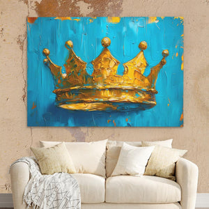 a painting of a gold crown on a blue background