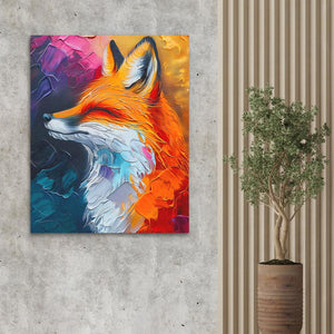 a painting of a fox on a wall next to a potted plant