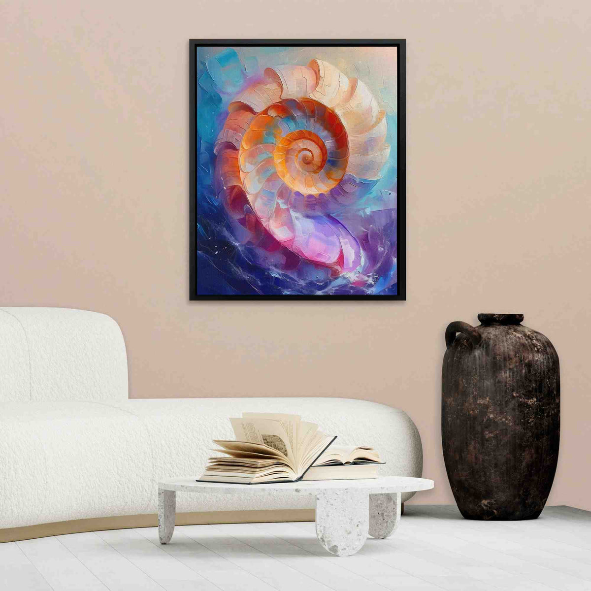 a living room with a white couch and a painting on the wall