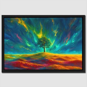 a painting of a tree in the middle of a field