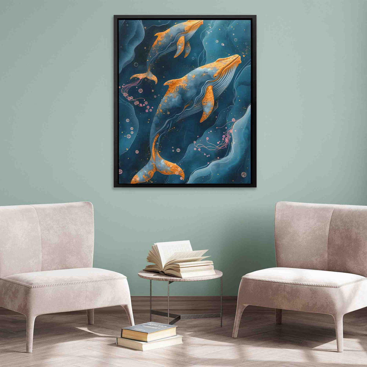 a room with two chairs and a painting on the wall