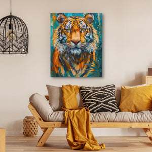 a painting of a tiger on a wall above a couch