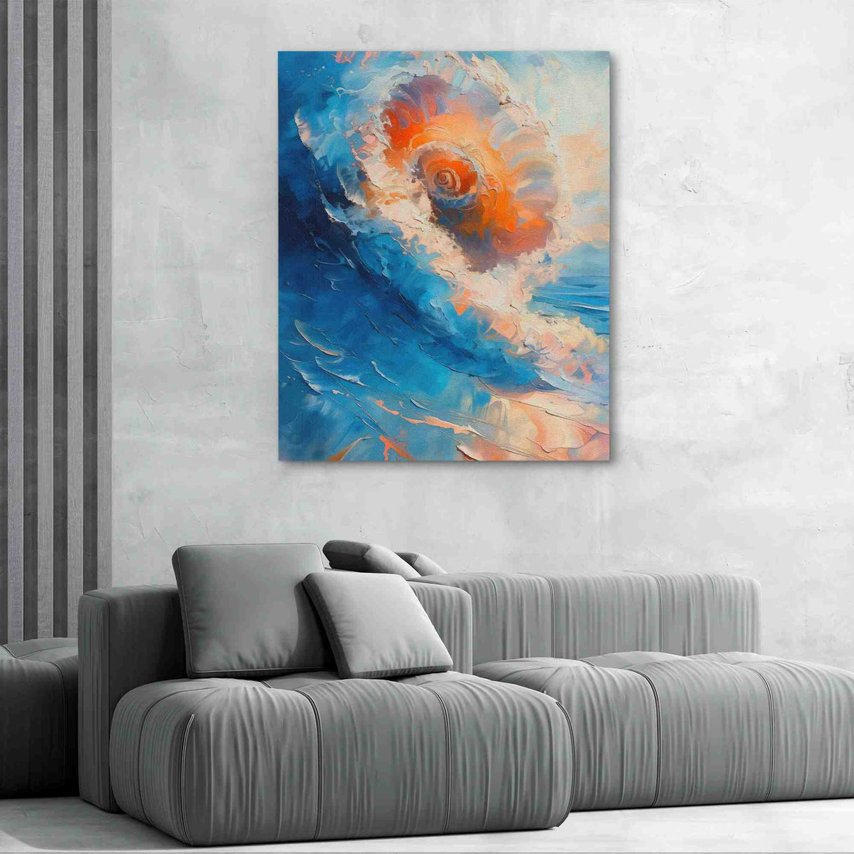 a living room with a couch and a painting on the wall