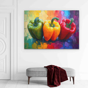 a painting of three peppers on a white wall