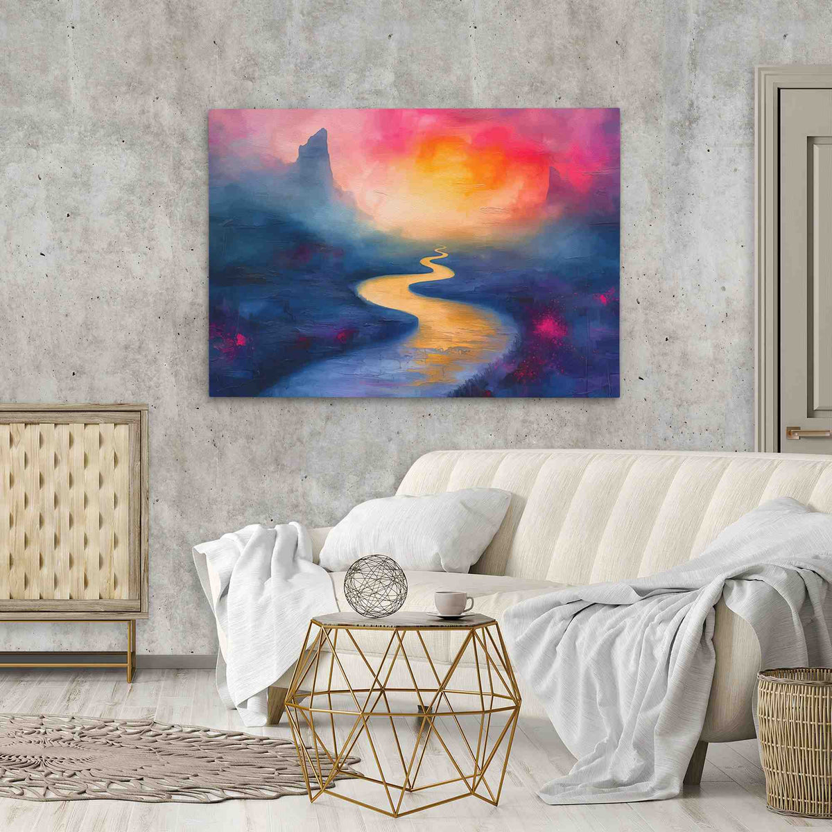 a living room with a couch and a painting on the wall