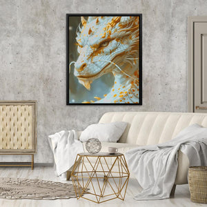 a living room with a white couch and a dragon painting on the wall