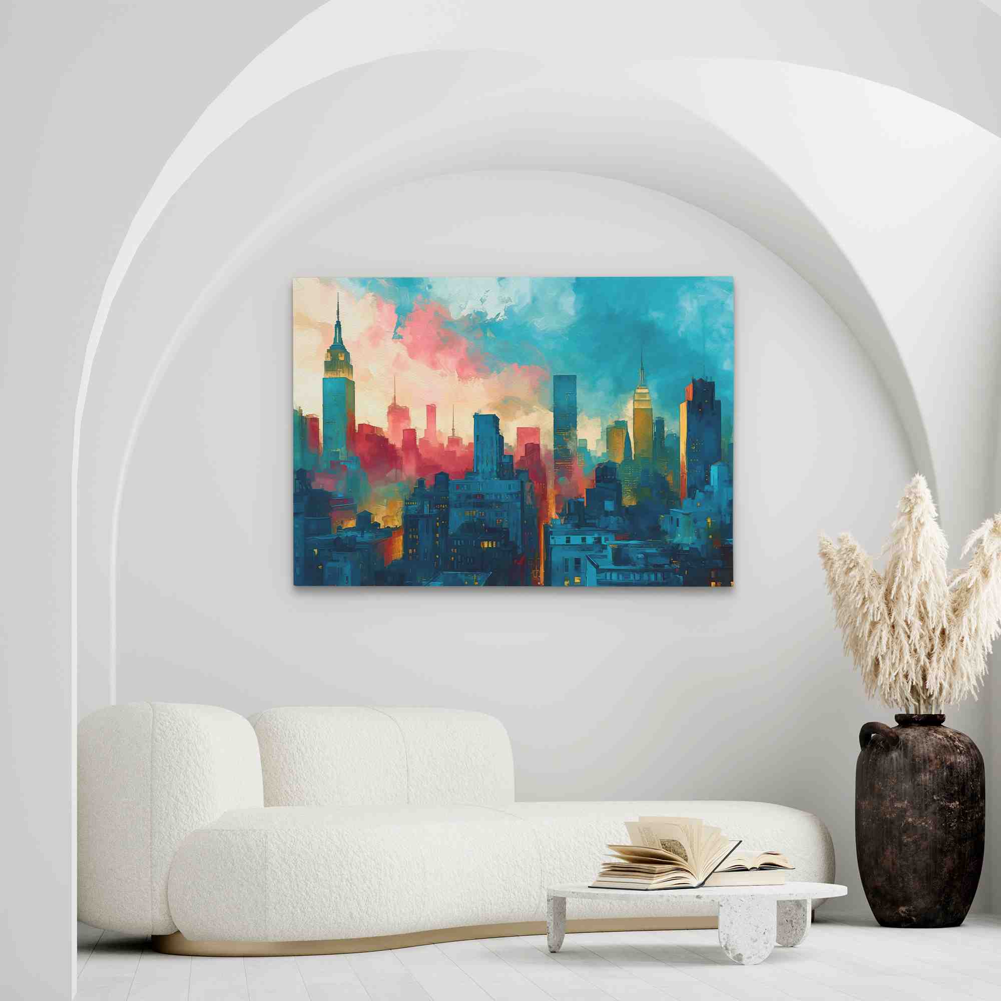 a painting of a cityscape at sunset