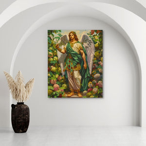 a painting of an angel surrounded by greenery