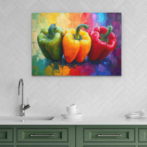 a painting of peppers on a kitchen wall