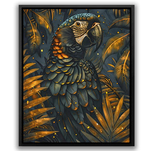 a painting of a parrot surrounded by leaves