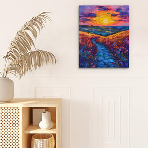 a painting of a colorful sunset over a river