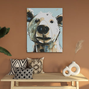 a painting of a bear on a wall above a table