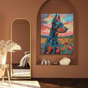 a painting of a doberman in a living room