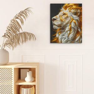 a painting of a lion on a wall next to a potted plant