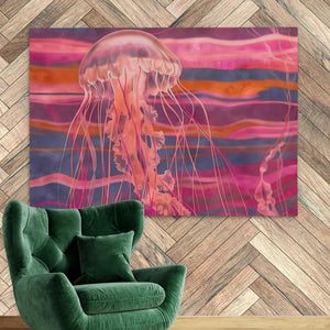 a living room with a green chair and a painting of a jellyfish