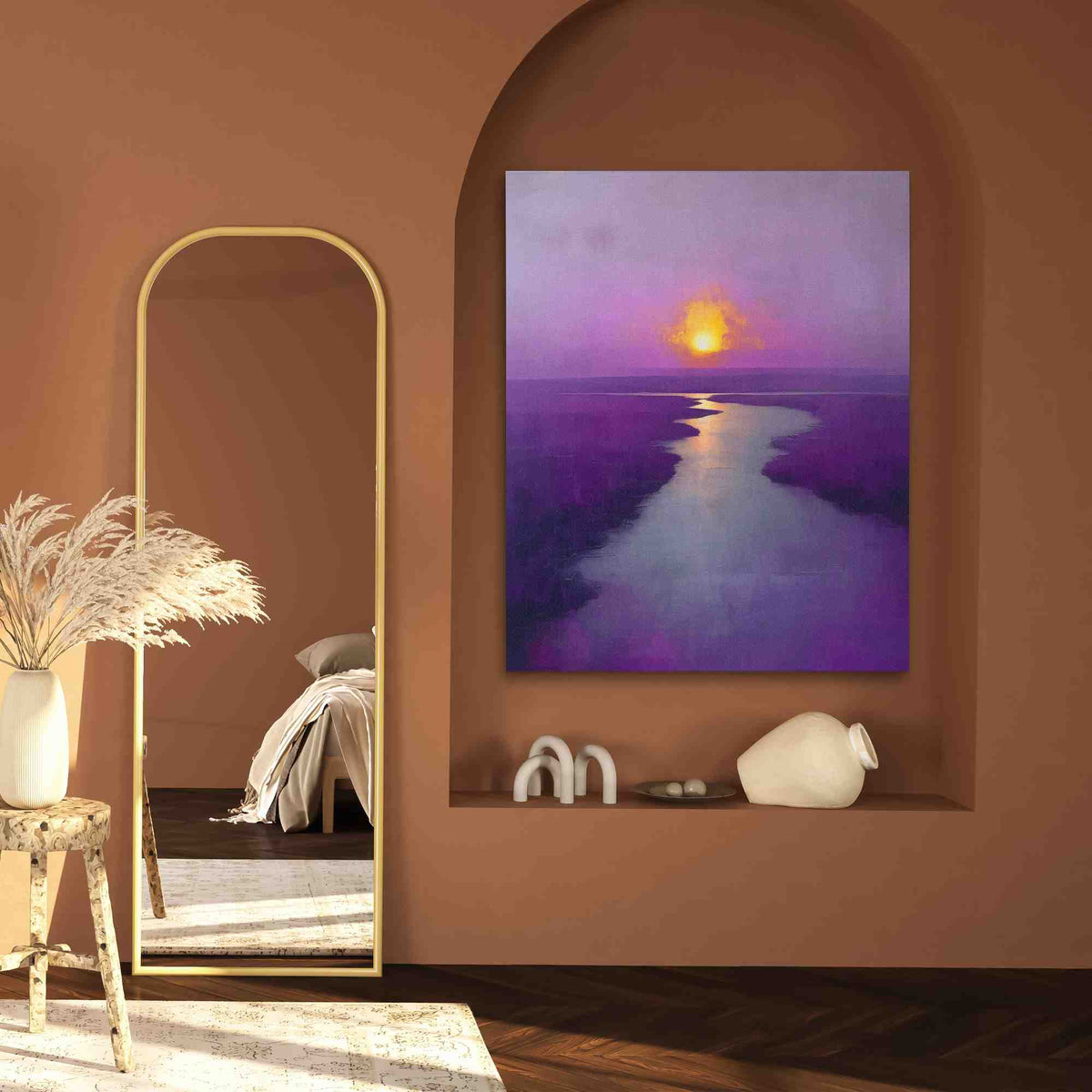 a painting of a sunset over a body of water