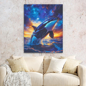 a painting of an orca jumping out of the water