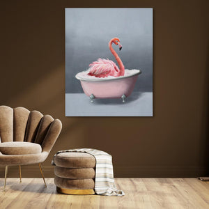 a painting of a pink flamingo in a bathtub